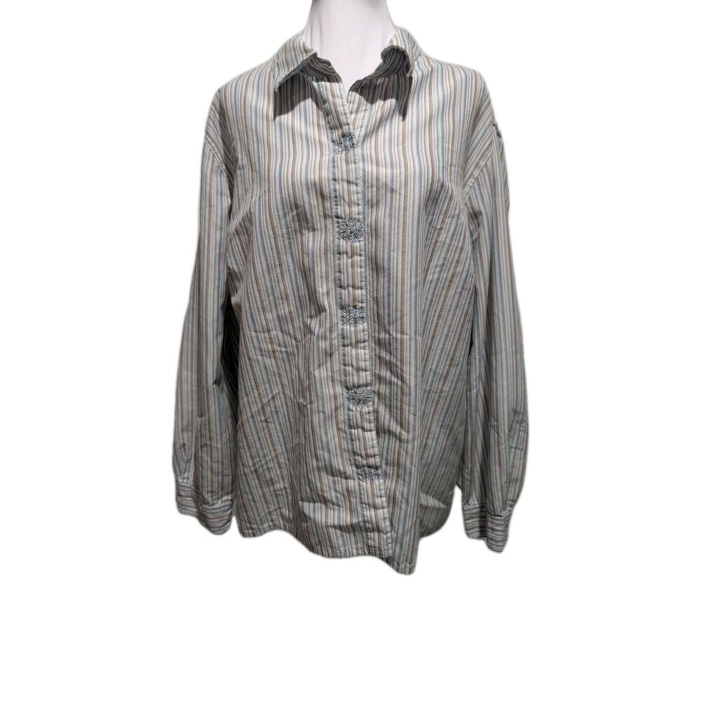 Alfred Dunner Women’s Plus Size 24W shirt Blouse Embroidered striped Blue Top